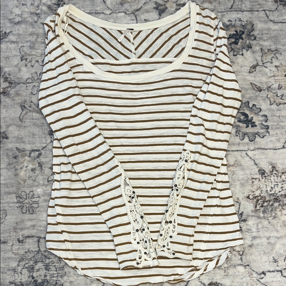 Free People Boho Lace Sleeve Striped Top Cream Soft Girl Indie long sleeved Tee - Picture 2 of 8